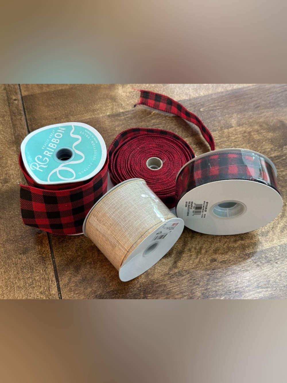 Red and Black Buffalo Plaid & Neutral Burlap Ribbon Bundle